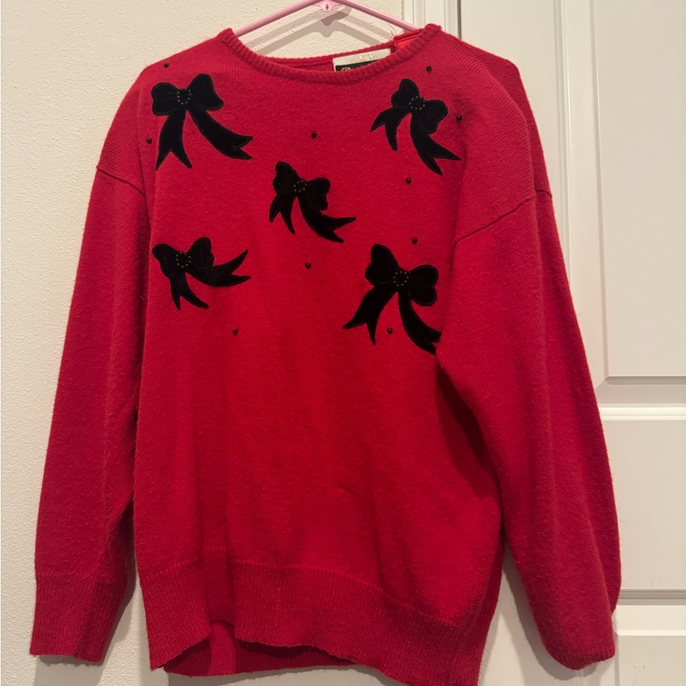 Dana Scott Vintage Red Sweater Black Velvet Bow Beaded Shoulder Pads Size M